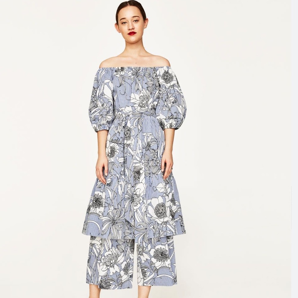 Zara | Blue, White & Black Floral Print Striped Off-Shoulder Midi Dress | Size S - Picture 5 of 5